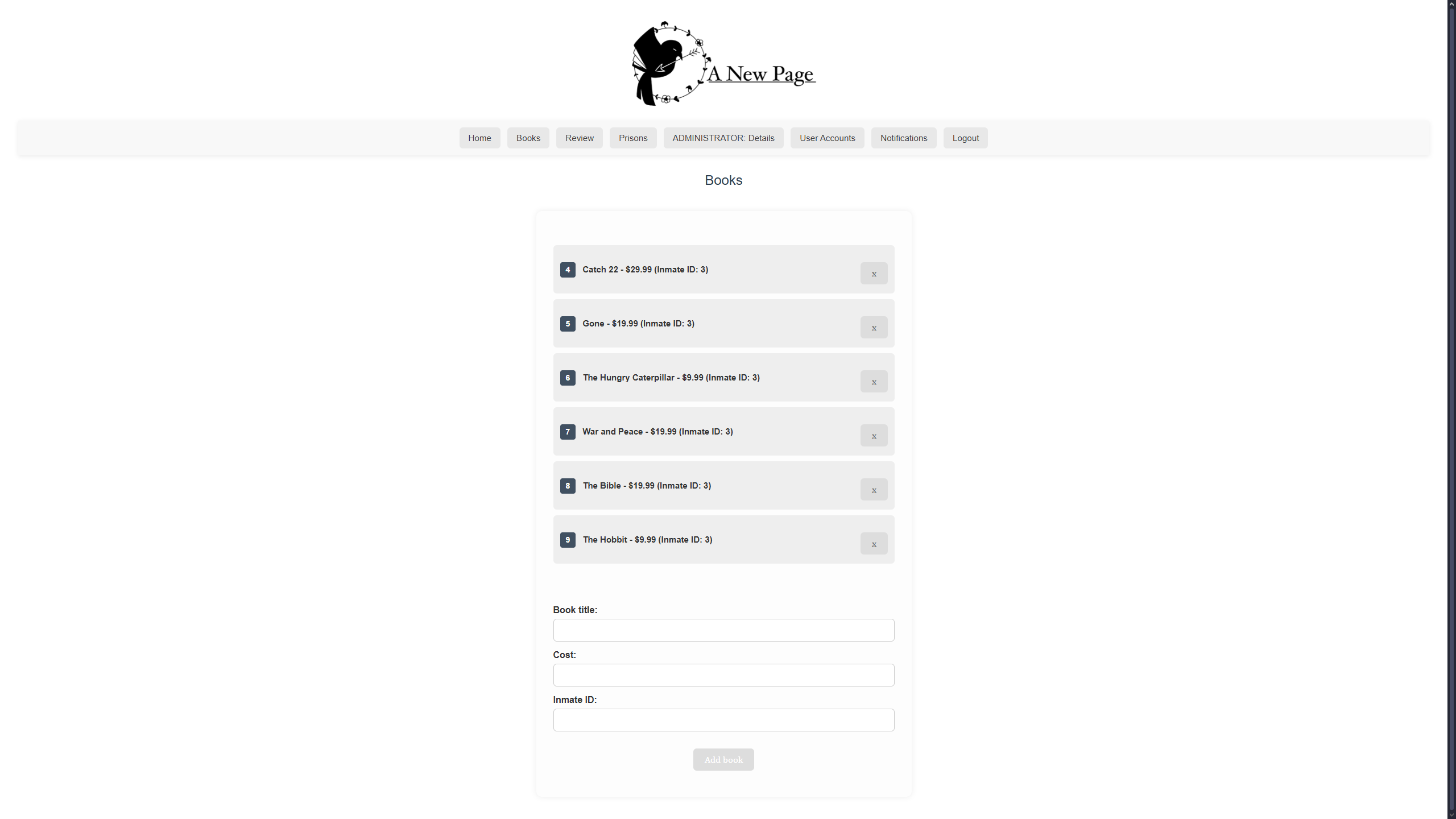 Admin page screenshot